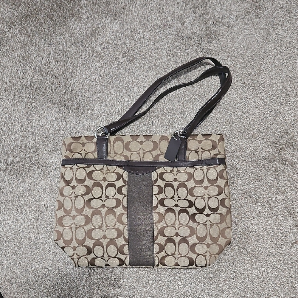 Coach Tan and Brown Patterned Shoulder Bag